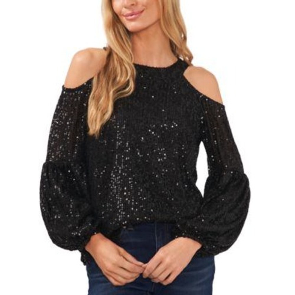 CeCe Cold Shoulder Sequin Balloon Sleeve Blouse Women Small Black Holiday Party